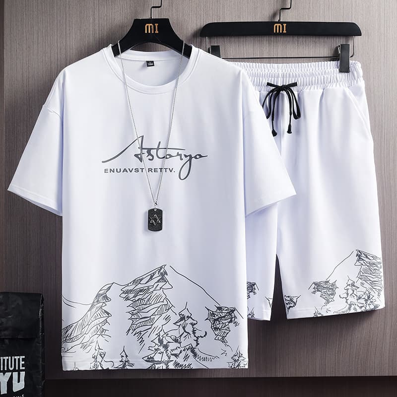 Men's Short Sleeve T-Shirt Set New Summer Mountain Print Fashion Trendy Korean Slim Fit Plus Size Sports Two-Piece Set