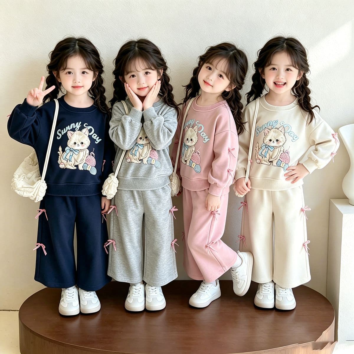 Korean style ins cat girl suit spring and autumn style children's bow sweatshirt wide leg pants two-piece set foreign trade children's clothing