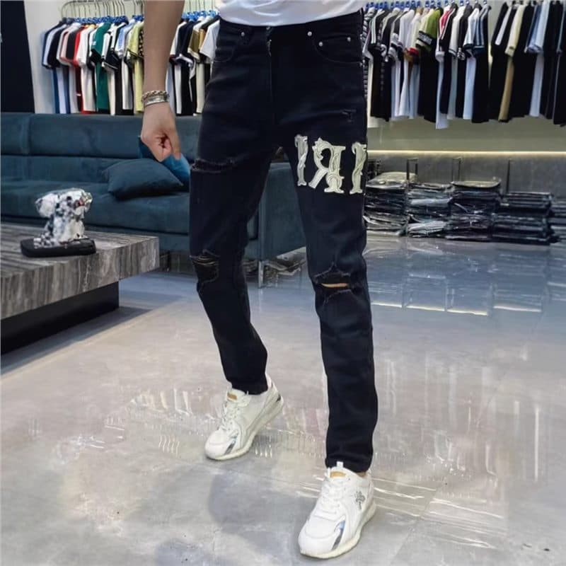 Foreign Trade High Street Trendy Brand New Embroidered Jeans Men's Black Ripped Patch Elastic Slim Fit Pants Long Pants
