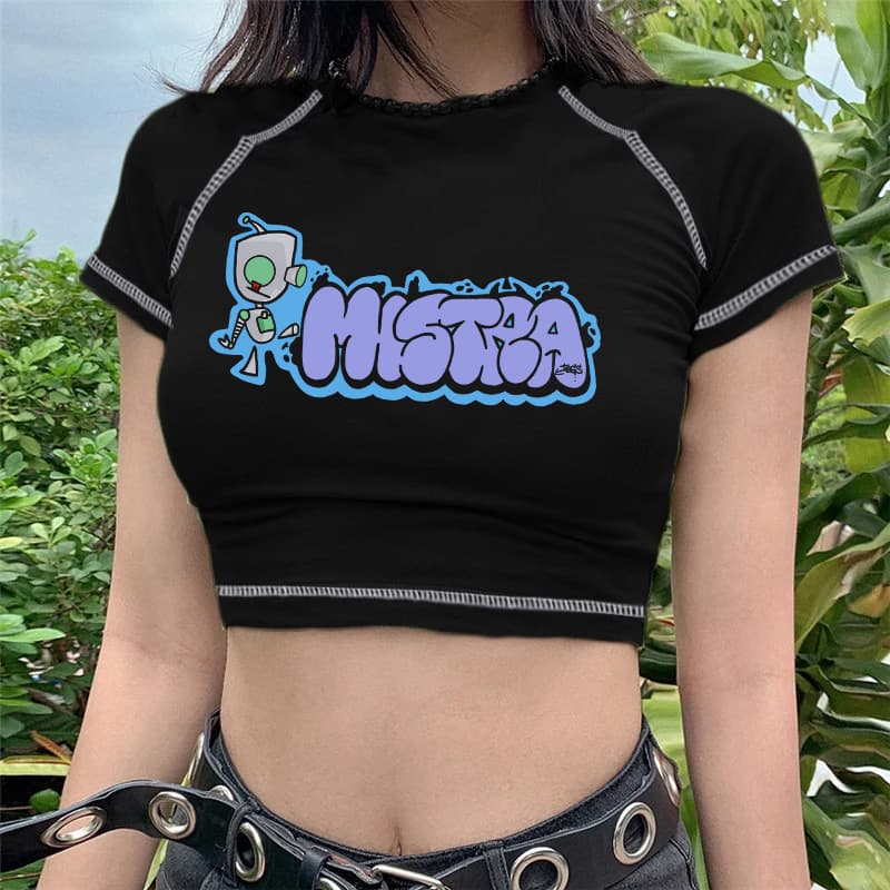 European and American Women's T-Shirt Harajuku Y2K Black Sweet Girl Slim Fit Printed Fun Retro Pattern Top
