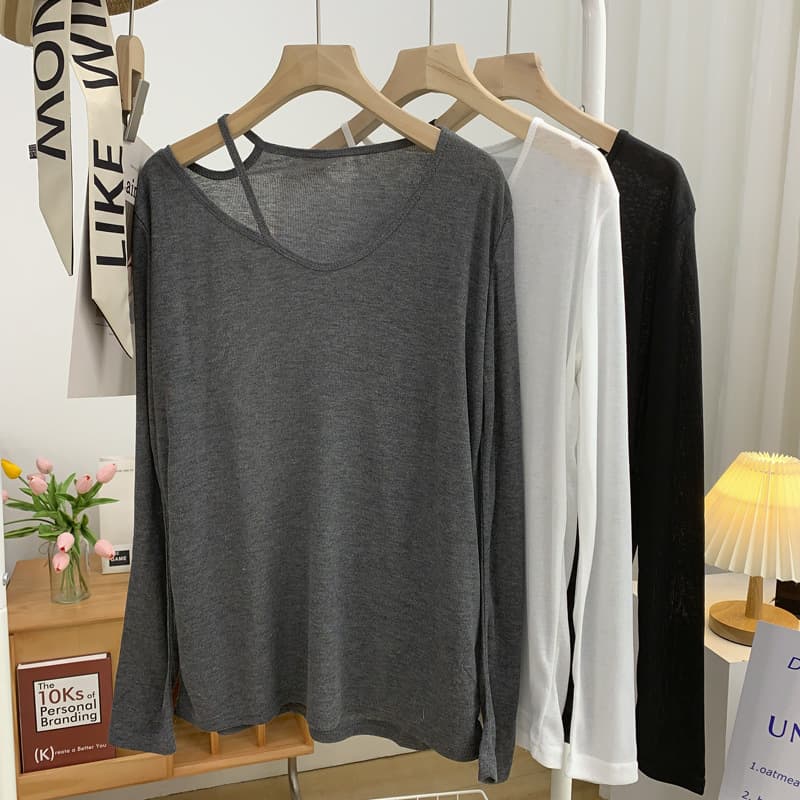 Off-Shoulder Ice Silk Long-Sleeve T-Shirt for Women Summer Loose Korean Style Solid Color Versatile Slimming V-Neck Knit Sun Protection Top Boat Neck