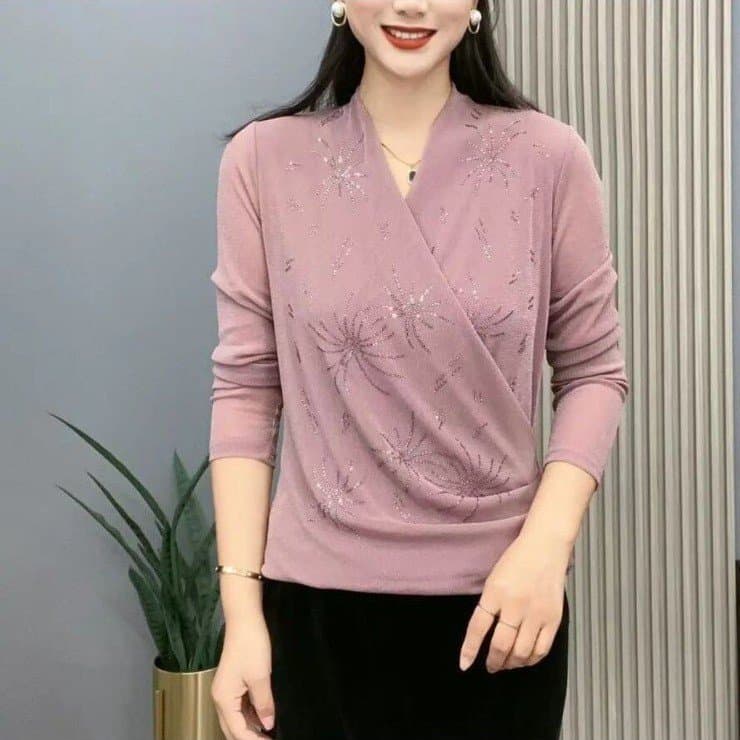 Dropshipping Live Hot-Selling 2025 Early Autumn New Fashionable Elegant Cross Neckline Rhinestone Mesh Stretch Top Trendy