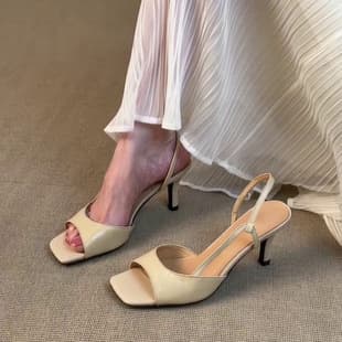 High Heel Sandals Women Summer Outdoor French Style Square Toe High Heel Shoes Simple Back Strap Open Toe Sandals Women Thin Heel