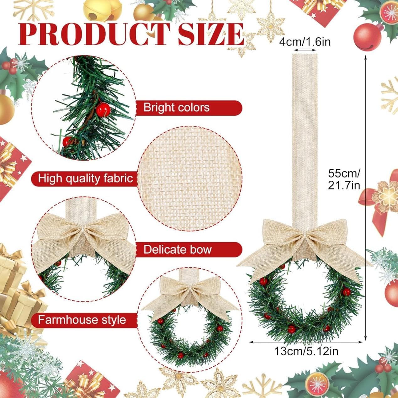 Cross-border New Mini Christmas Wreath with Berries and Bow Pendant, Small Wreath for Christmas Cabinet with Ribbon