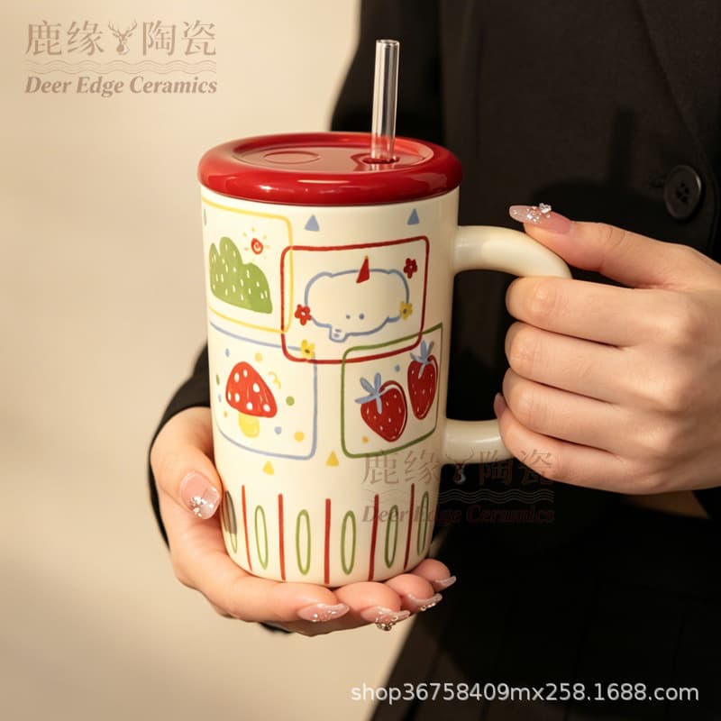 ins retro flower cup girls high-looking ceramic mug with lid household straw cup birthday gift