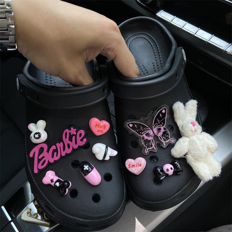 Crocs Accessories DIY Shoe Charms, Barbie Pink, Y2K Style, Edgy Dark Butterfly Heart