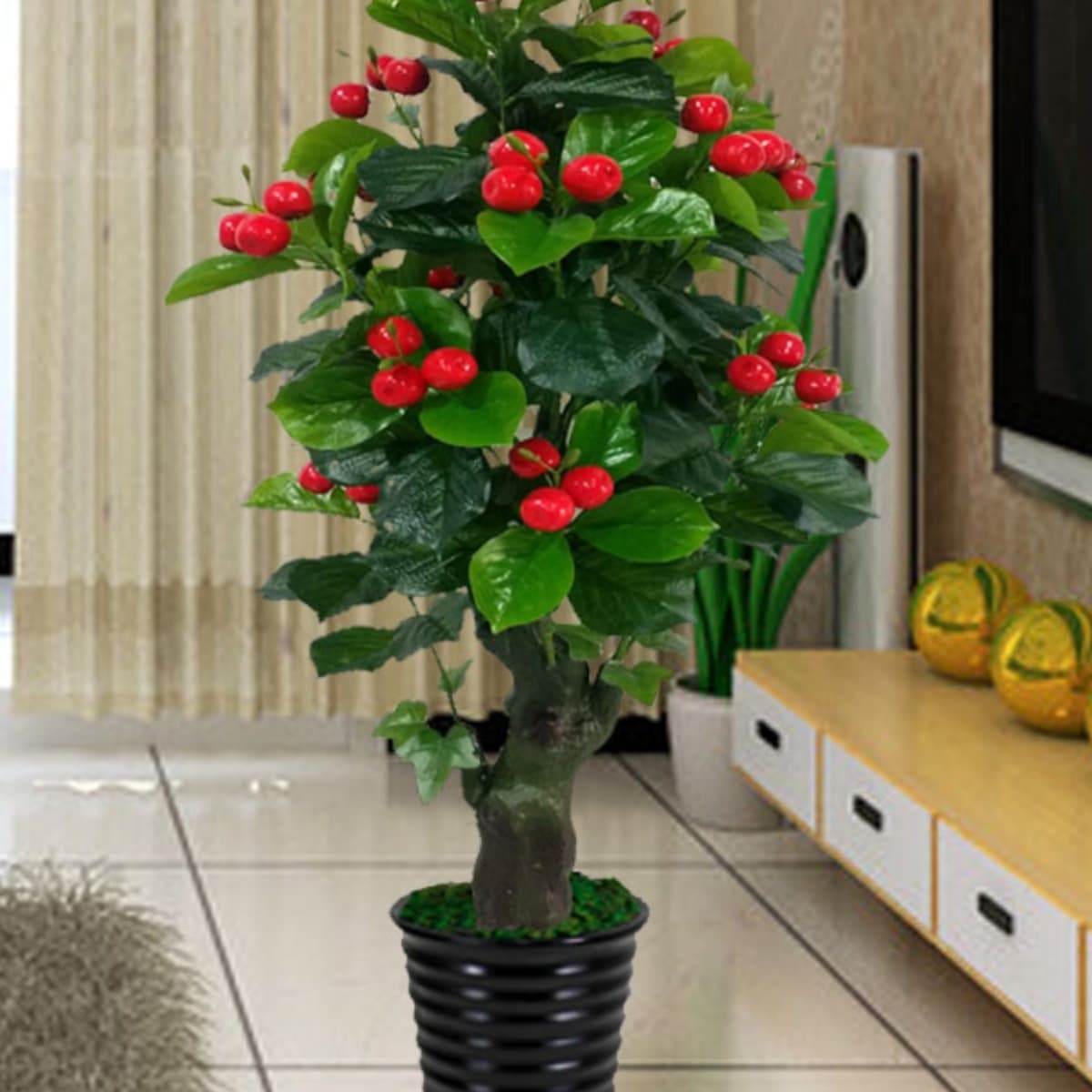 Artificial Fake Tree Potted Plant, Living Room Floor Decoration, Plastic Greenery Bonsai Ornament, Fake Apple Tree Fruit Tree