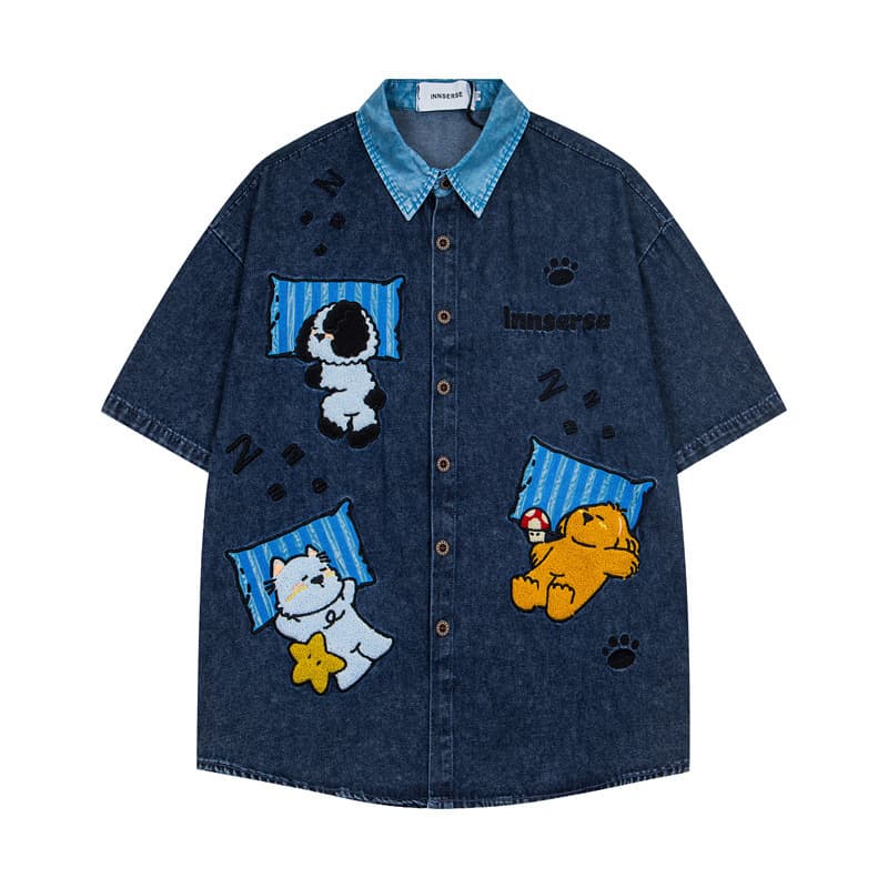 Trendy American style cute cats and dogs sleeping cartoon embroidered denim shirts for women and men loose retro short-sleeved shirts summer trend