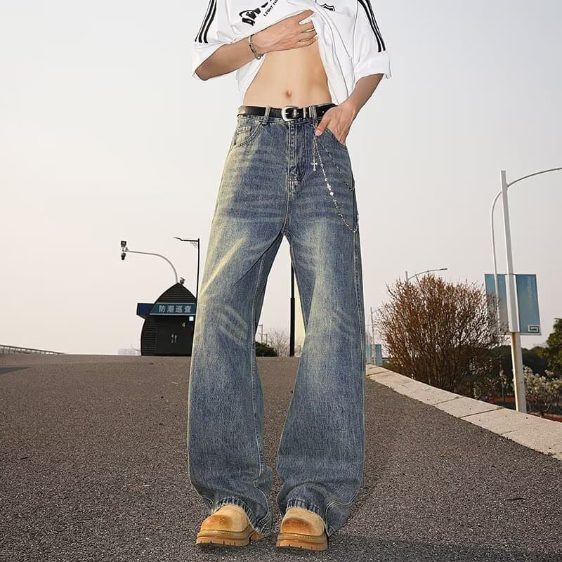 American High-Street Design Cleanfit Bamboo-Joint Distressed Curved-Cut Jeans for Men Straight Wide-Leg Long Pants