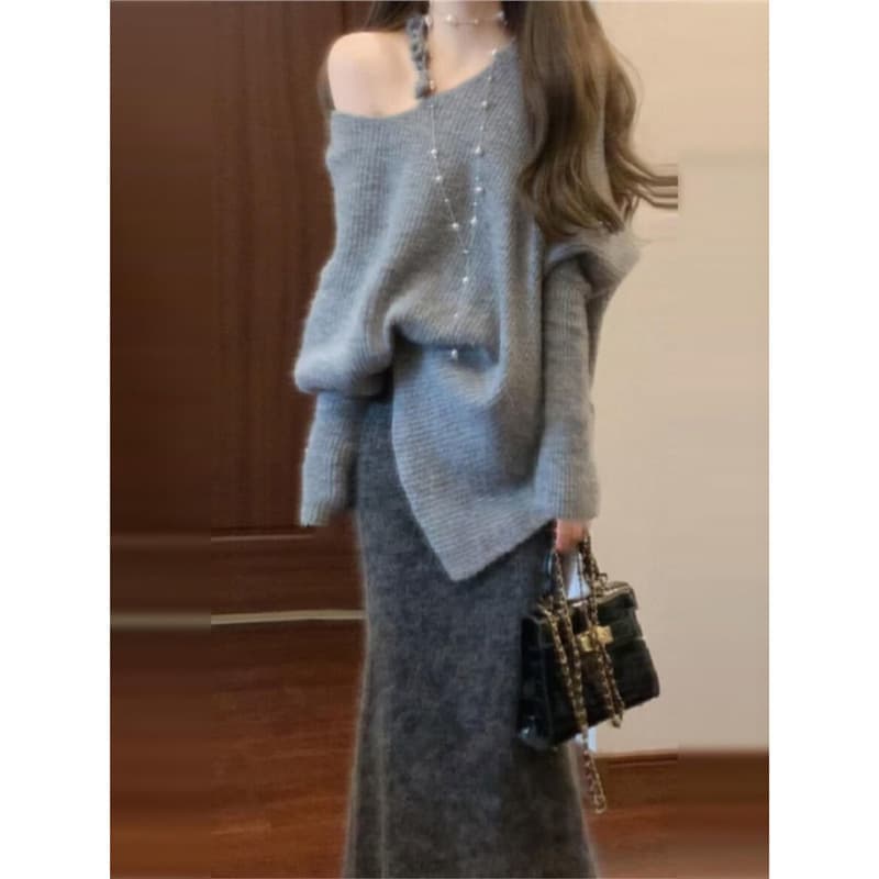 Retro Irregular Lazy Pullover Knitted Sweater, High-End Long-Sleeve Sweater + High-Waist Mid-Length A-Line Skirt Set