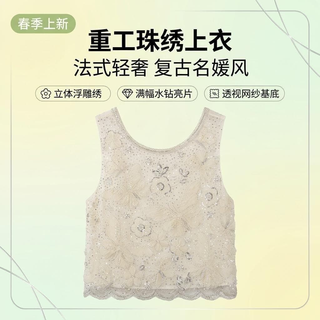 Heavy industry beaded round neck top, light luxury sequins, advanced sweet plated pullover, slim short embroidered lady vest for women