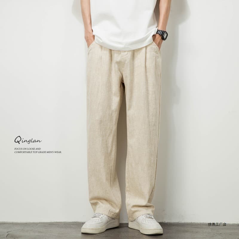 Cotton and linen pants men's loose straight large size wide leg drape trousers summer thin breathable apricot linen casual pants