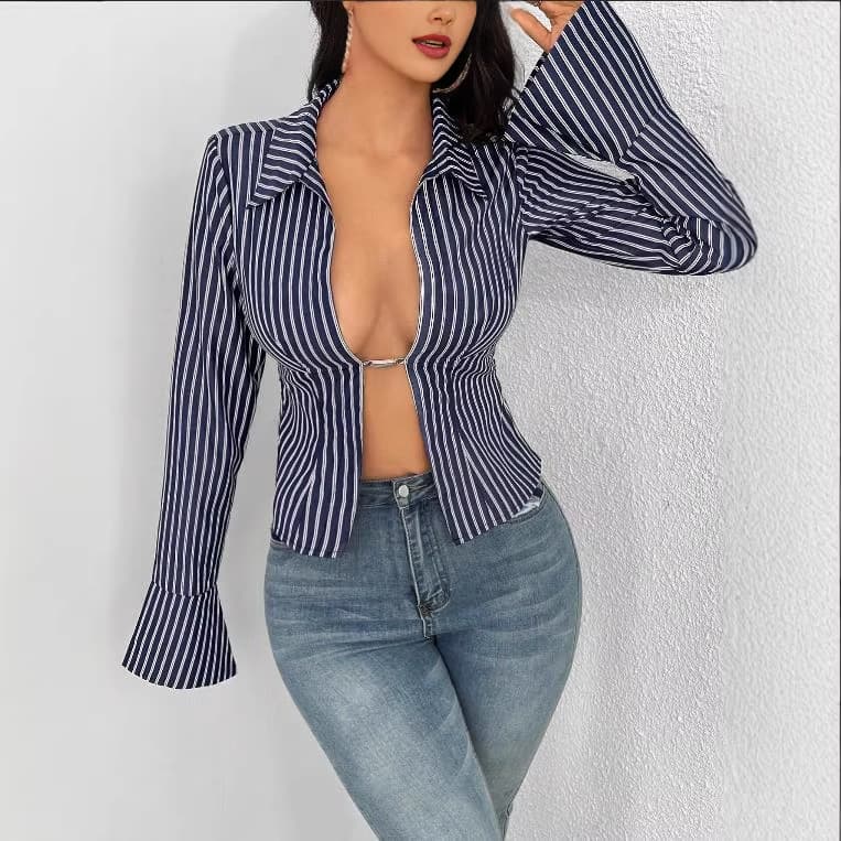 American hot girl style contrast striped cool slim waist shirt slimming top, cross-border, Europe and America