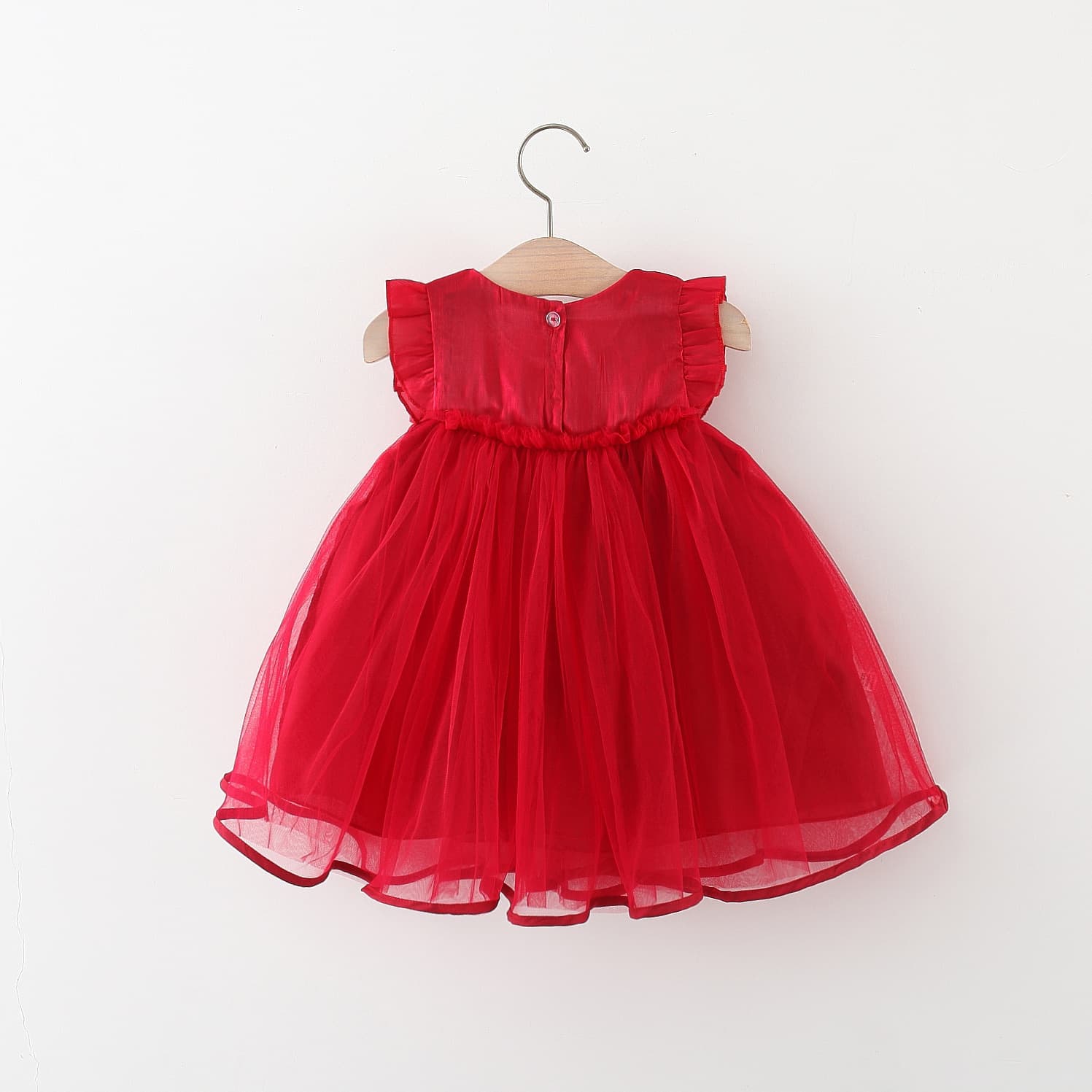New Summer Kids Clothing Wholesale Solid Mesh Pearl Bow Flutter Sleeve Girls Dress Drop Shipping