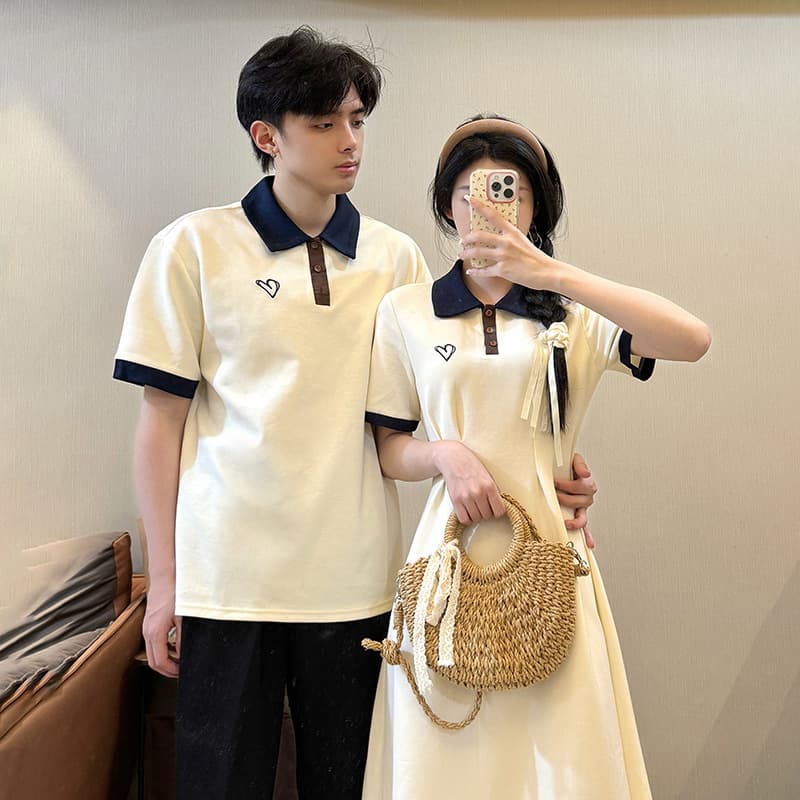 2024 Summer New Couple Polo Collar Short Sleeve Dress College Style Short Sleeve