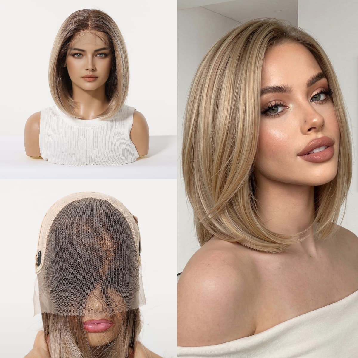 Center Part Gradient Blonde Lace Wig Women Short Bob Natural Realistic Lace Wig Cap Breathable Thin