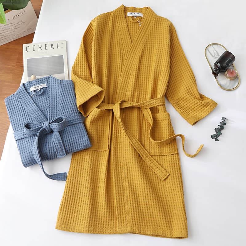 In-stock pure cotton bathrobe spring/summer thin style morning robe long waffle weave hotel beauty salon bathrobe drop shipping available.