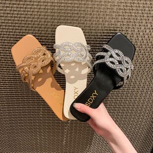 Korean Rhinestone Flat Slippers for Women, Flat Slippers Square Toe Slip-On Home Slippers