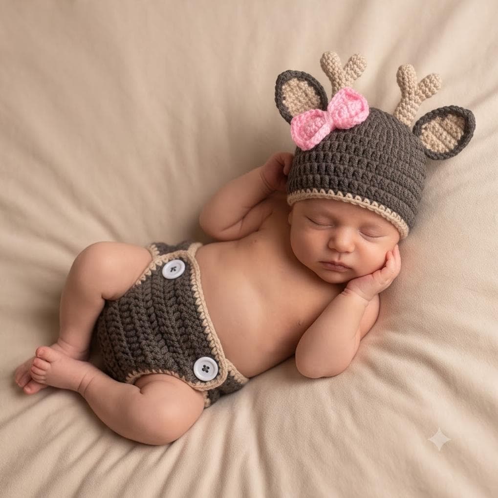 Newborn Photography Outfit Baby One-Month Photo Hand-Knitted Deer Costume Studio Infant Photo Prop