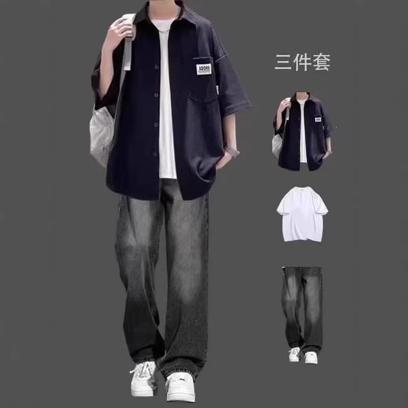 Waffle Textured Short Sleeve Shirt Set for Boys - Summer Shirt and Jacket with Jeans, School Style Complete Outfit