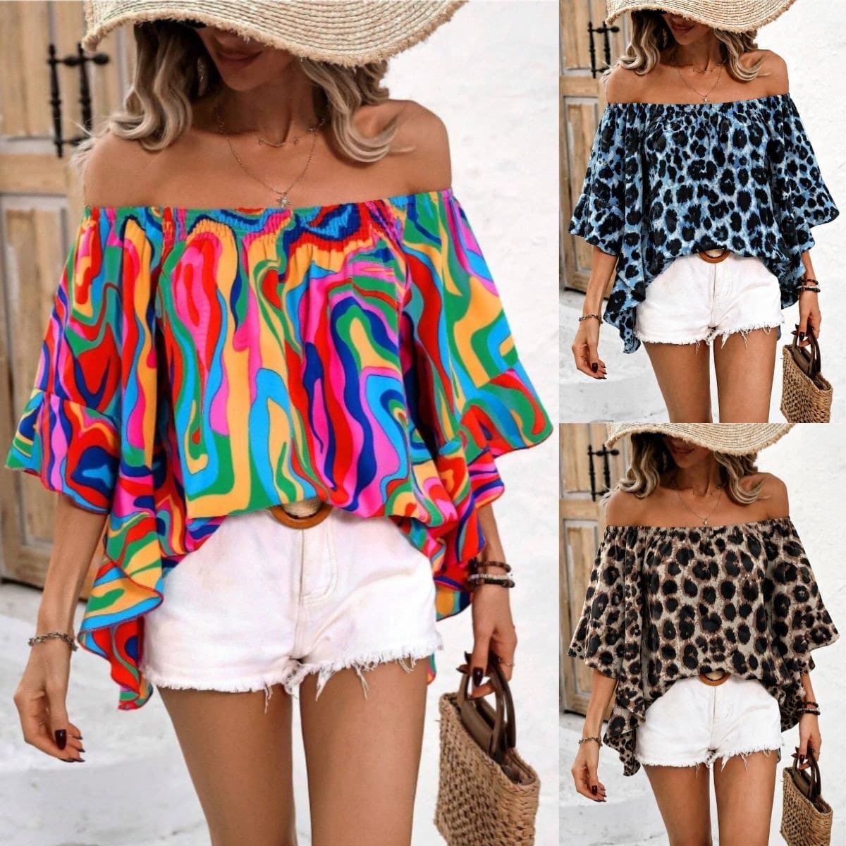 2026 Women's Summer Cross-Border Vacation Marble Print Leopard Print One-Shoulder Off-Shoulder Ruffle Loose Casual Shirt