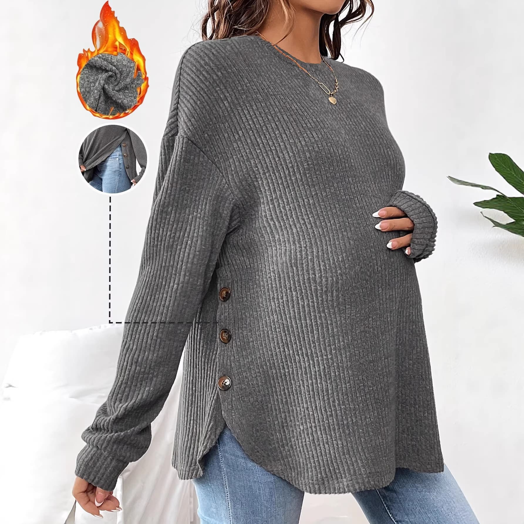 New Autumn Winter Casual Pullover T-Shirt for Maternity Wear, Round Neck Long Sleeve with Buttons, Amazon Cross-border