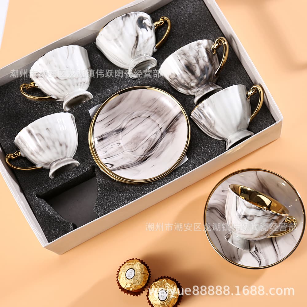 European-style coffee cup and saucer set, marble-pattern ceramic cup, electroplated mug, Middle Eastern Saudi gold-plated cup and saucer, business gift