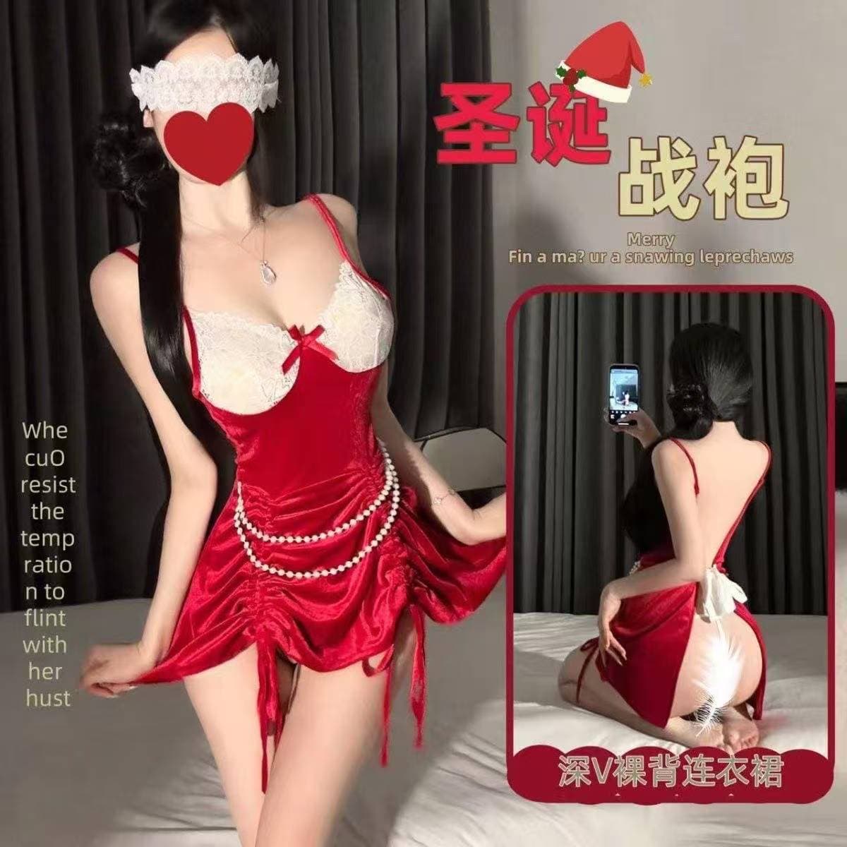 Pure Desire Red Bride Lingerie Christmas Vintage Deep V Velvet Slip Dress New Year Lace Sexy Flirting Costume