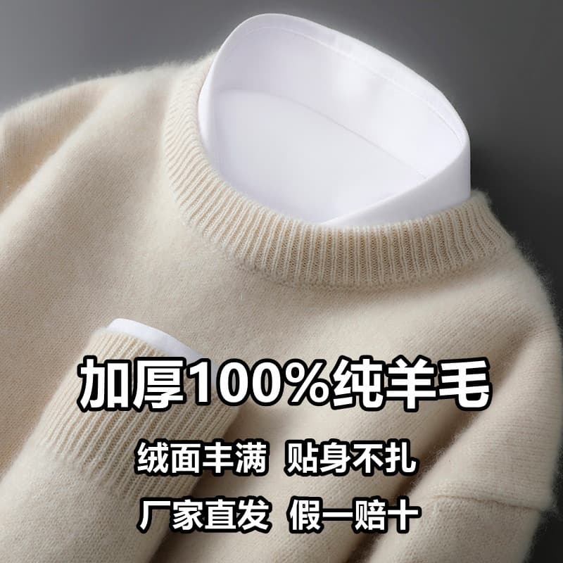 Autumn/Winter 100% Pure Wool Men's Sweater Thick Round Neck Base Layer Loose Fit Knit Cashmere Style