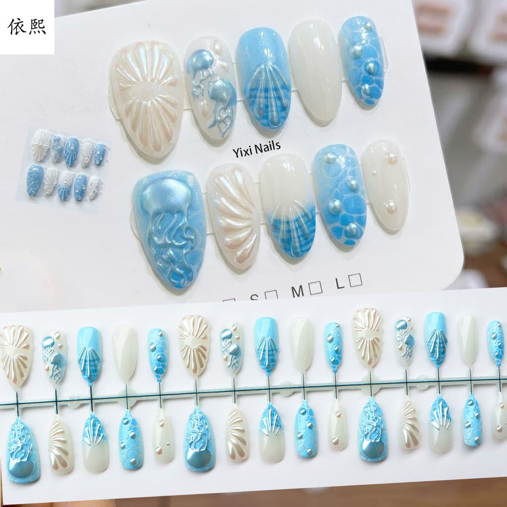 Cross-border foreign trade summer island style cat eye three-dimensional jellyfish wearable nails high-end fake nails manicure patches wholesale