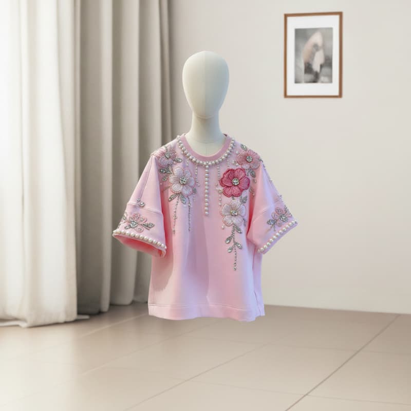 2026 Summer New Casual Fashion Premium Versatile Beaded Print Short Sleeve T-Shirt Women Loose Pink Top