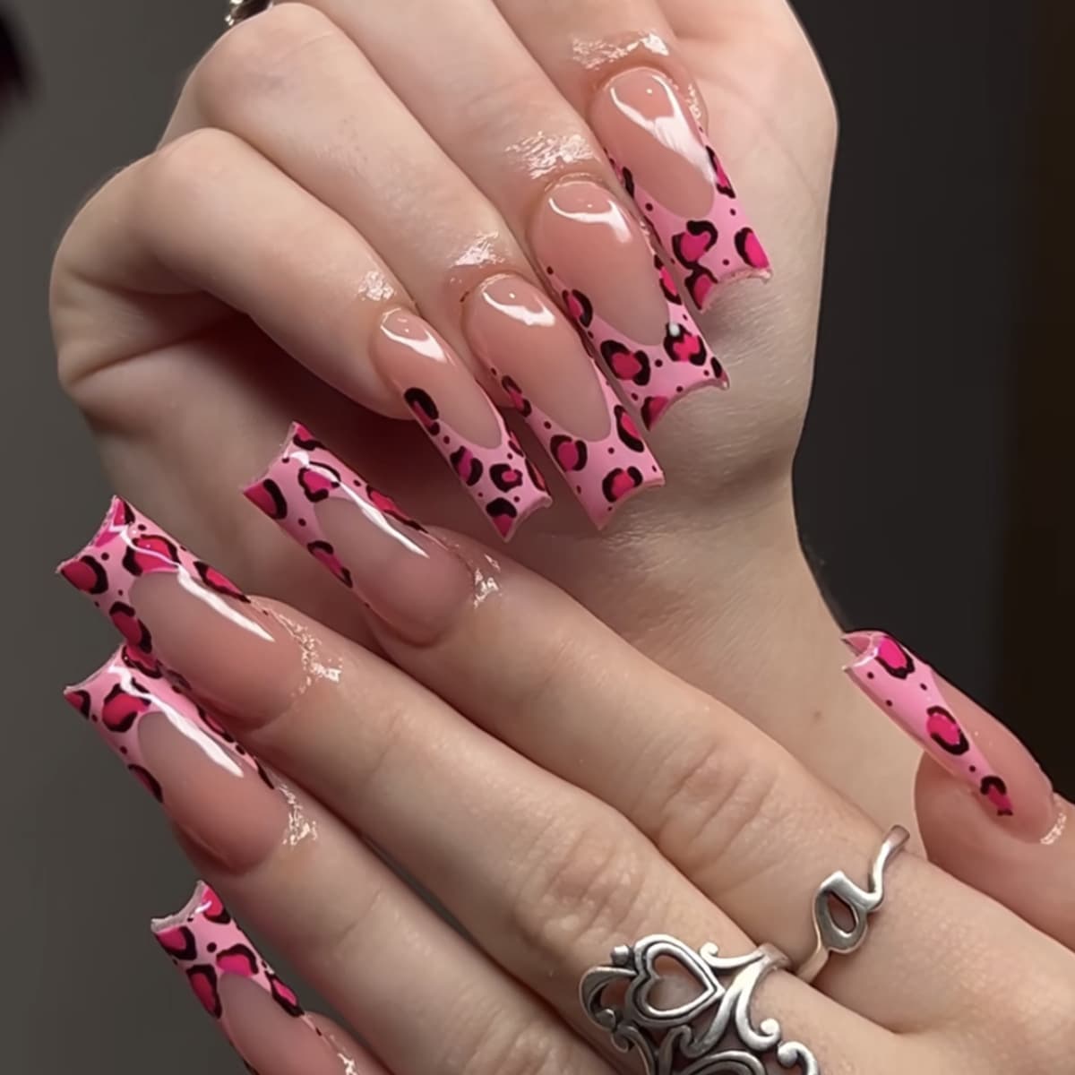 Removable Long Water Pipe Wearable Pink Leopard Print French Edge False Nails Artificial Nail Tips Beauty Salon Supplies