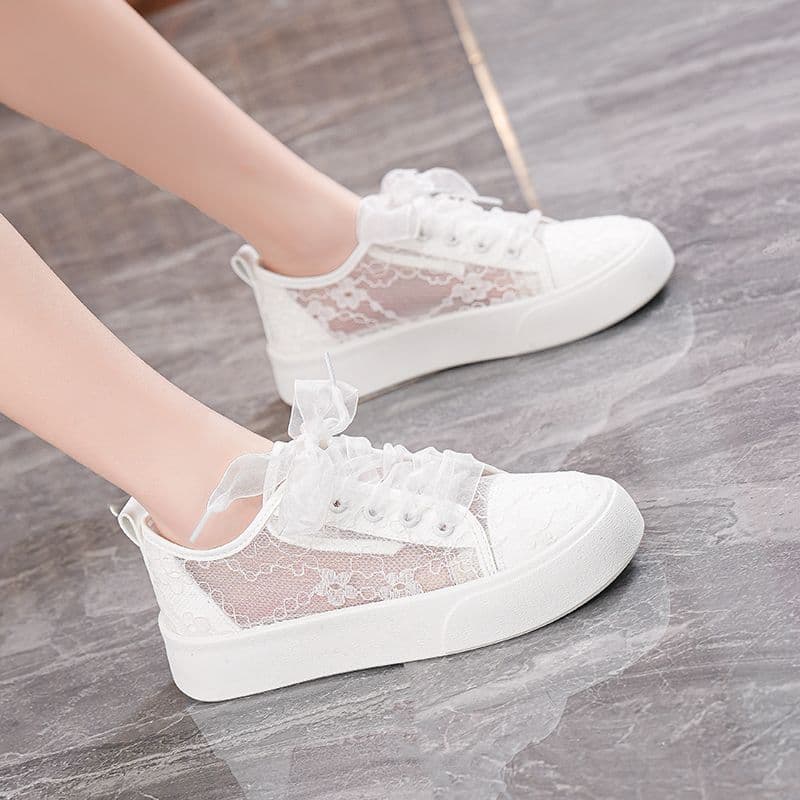 Breathable Mesh White Shoes for Women New Summer Casual Lace Hollow Platform Sneakers