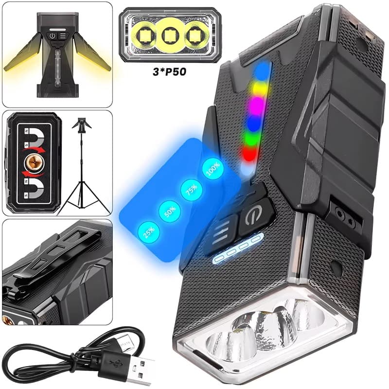 EDC 2000mah Rechargeable Mini Pocket Flashlight 3700LM RGB Light Strap Magnetic Strap Clip Multi