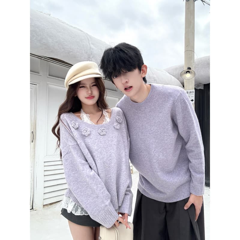 2025 Couple Outfit Autumn Winter Thick Casual Sweater Two-Piece Set Women's Knit Top Men's