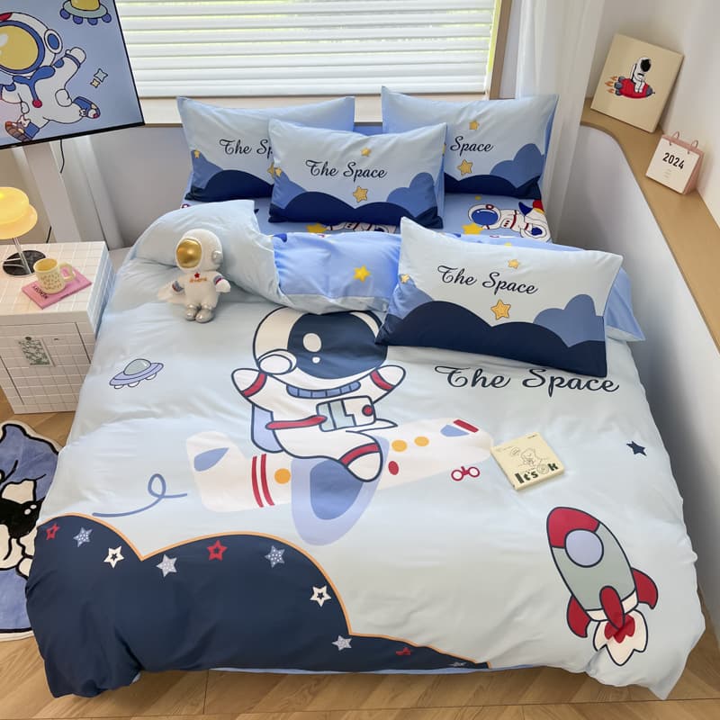 Class A Kids' 100% Cotton Cartoon Printed Four-Piece Set Wholesale Large Version Astronaut Student Dormitory Pure Cotton Bedding