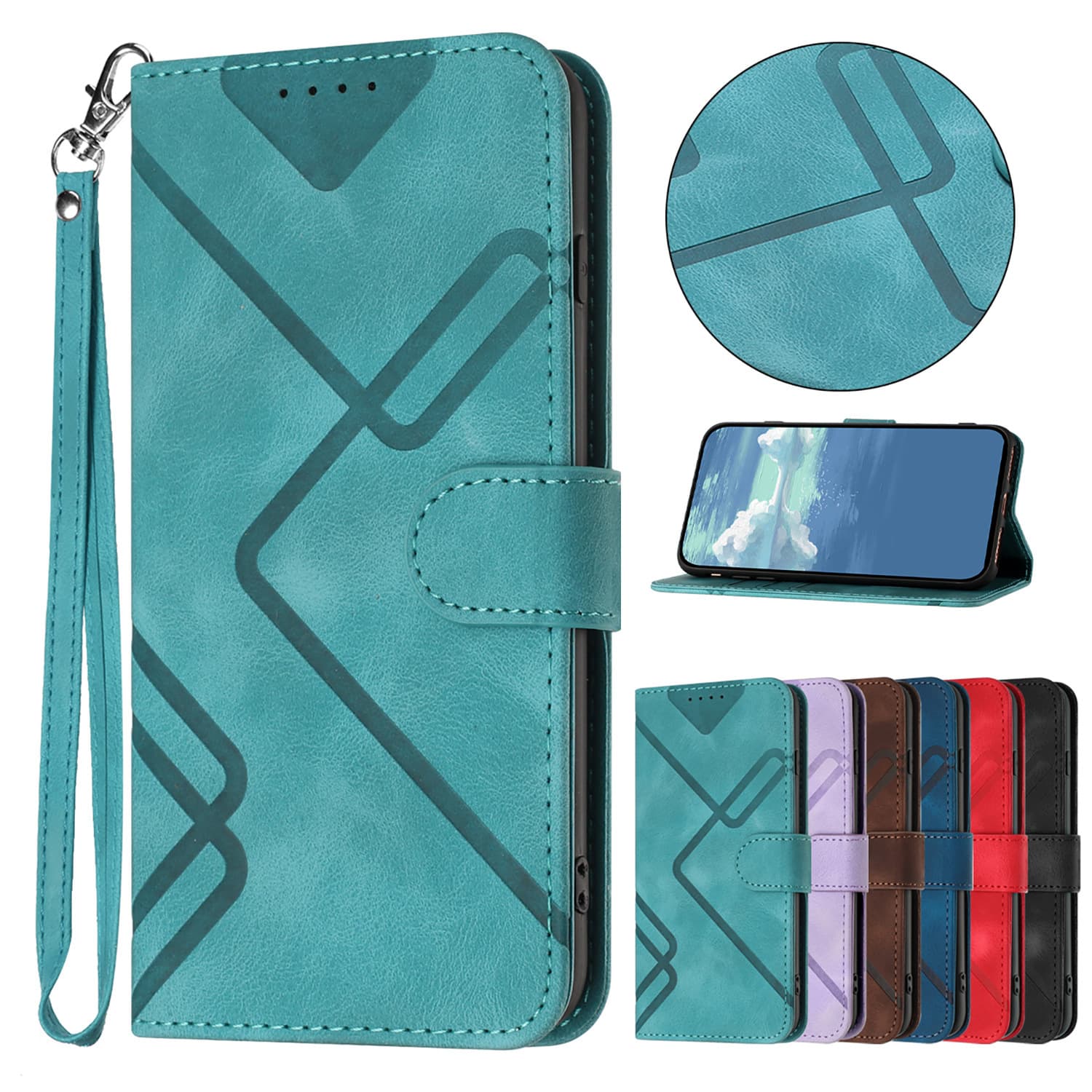 Embossed Leather Phone Case for iPhone 17, Compatible with iPhone 16/15, Card Slot, Stand, Wrist Strap, Skin-Friendly Texture, Protective Cover