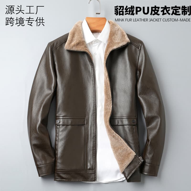 Cross-border spot winter fleece-lined thickened leather jacket for men, with stand-up collar and fur trim, casual leather coat, foreign trade factory.