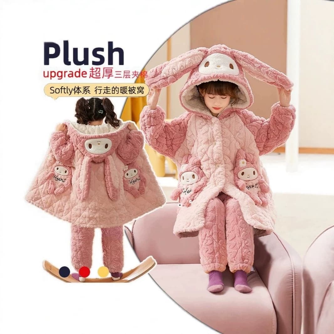 Girls Winter 3-Layer Cotton Padded Pajamas Coral Fleece Thick Warm Loungewear Set for Toddlers & Older Kids