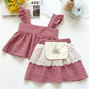 Girls' Red White Plaid Set Dress Summer 2026 New Baby Girl Embroidery Small Flying Sleeve Halter Cake Dress Two-Piece