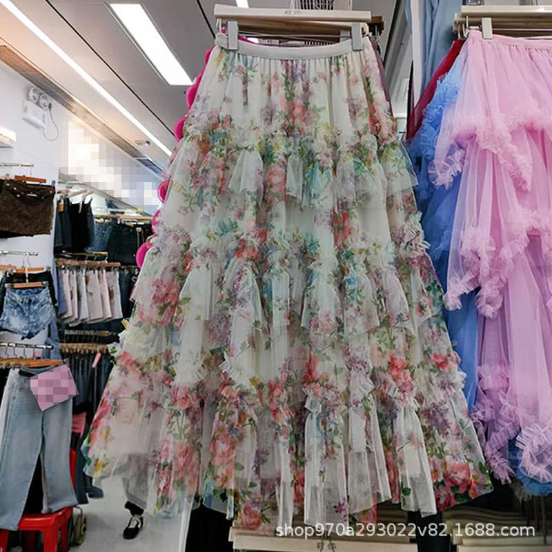 Heavy Craft Floral Mesh Skirt Plus Size Women's Mid-Length High-Waist A-Line Puffy Cake Irregular Hem Half Skirt