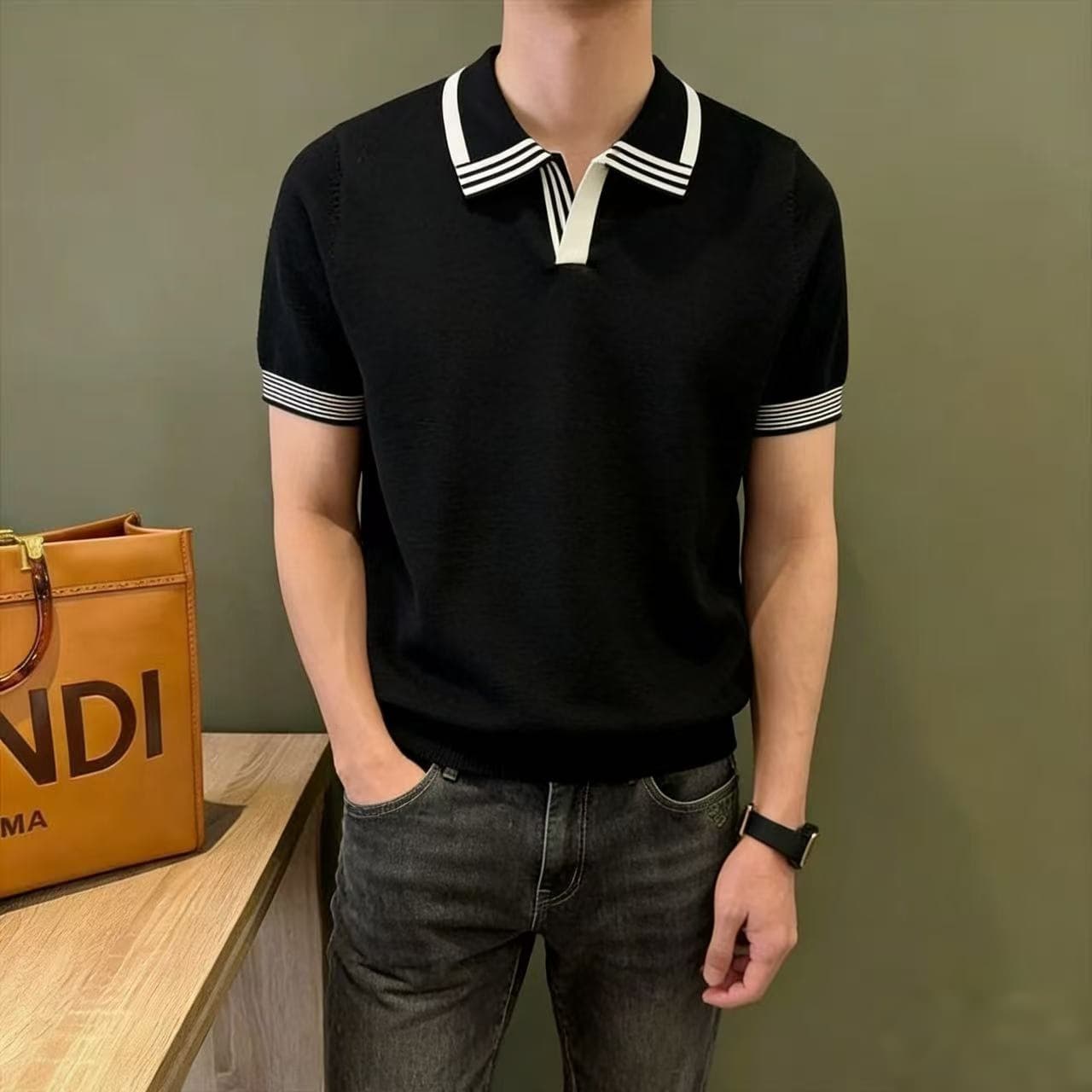 New Summer Knit Top Men's T-Shirt Short Sleeve V-Neck Korean Slim Fit Fashion Versatile Base Layer