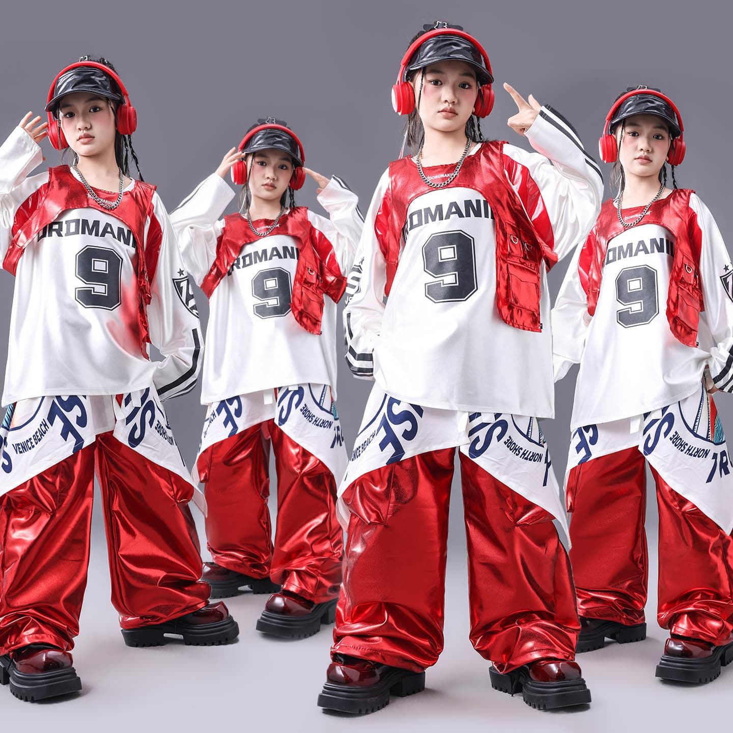 Hip Hop Kids Streetwear Spring Festival Gala Drum Performance, Boys Cool Streetwear Red