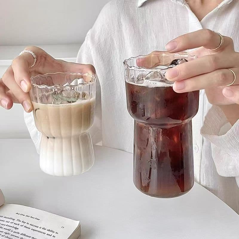 Striped Latte Coffee Cup Ins Style Glass Cup Home Water Cup for Women Iced Americano Milk Cup Bamboo Joint Juice Cup