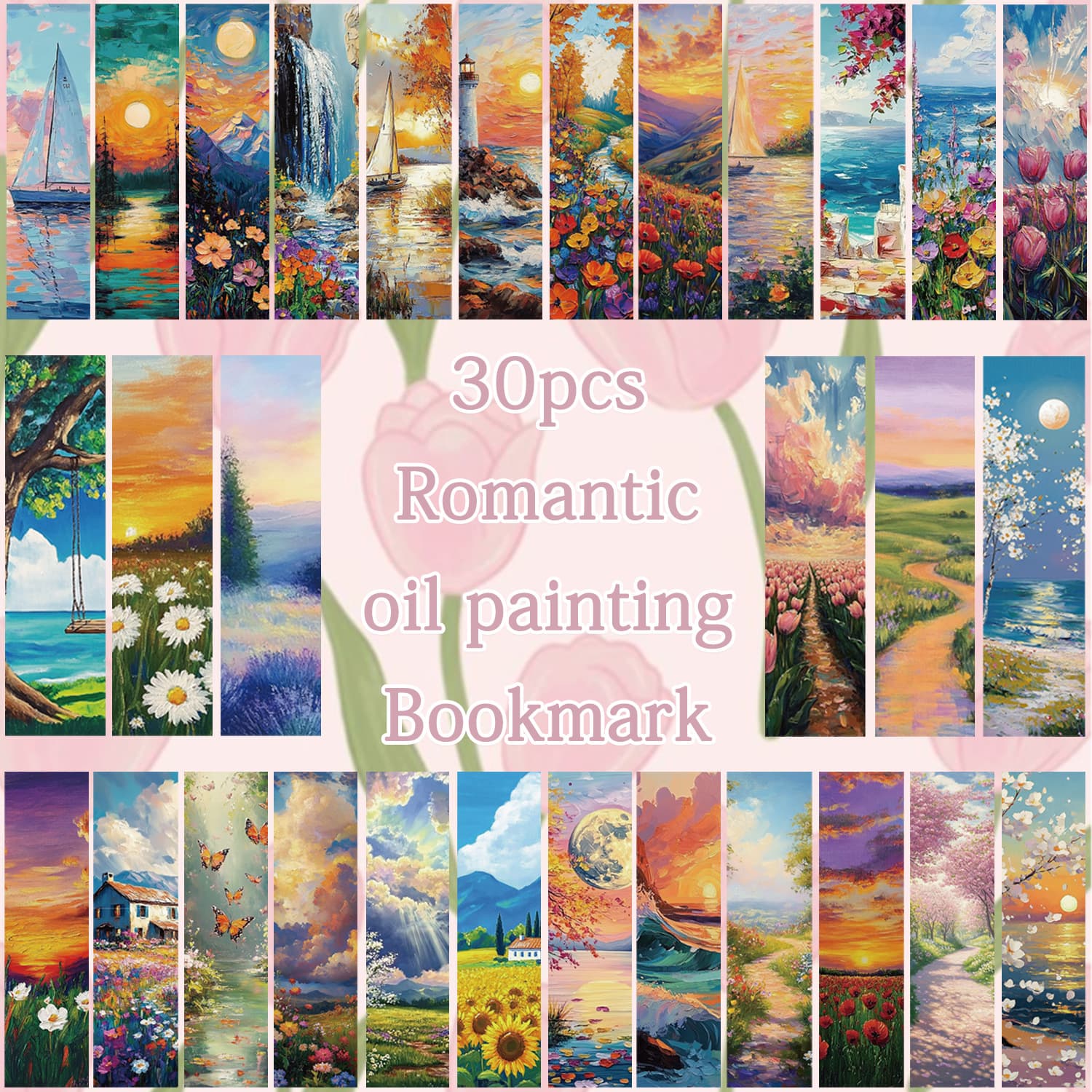 30 Cartoon Romantic Oil Painting Bookmarks, Simple Journaling Artistic Creative Materials, Ins-Style Reading Paper Bookmarks, Diy-Friendly
