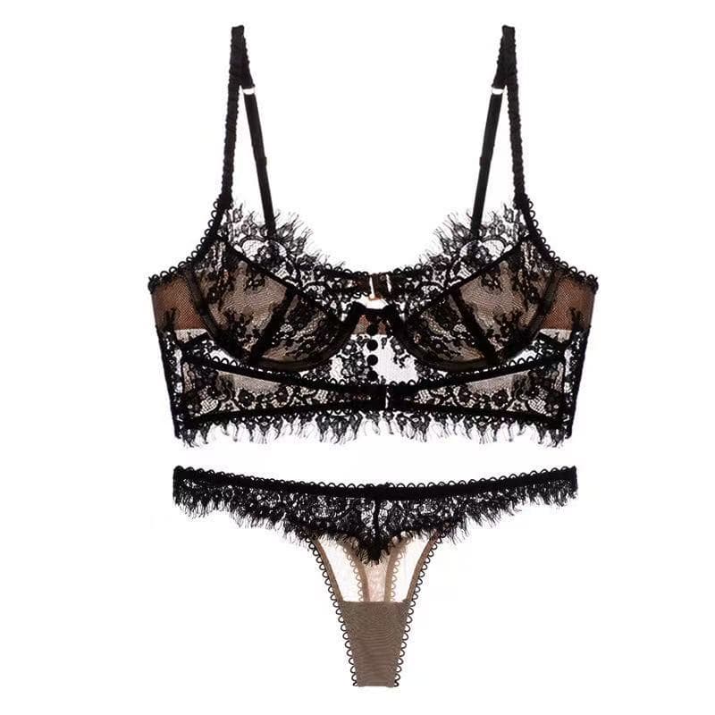 European and American Sexy Lace Eyelash Bra Set for Women, Ultra-Thin, Large Bust Minimizer, Anti-Sagging, Strappy Backless Bra with Camisole