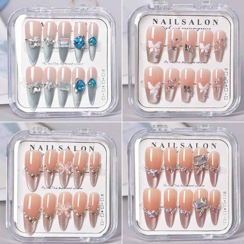 Transparent Box Press-On Nails Wholesale, Detachable Handmade Rhinestone Nails, Pre-Made Nails Cross-Border Collection