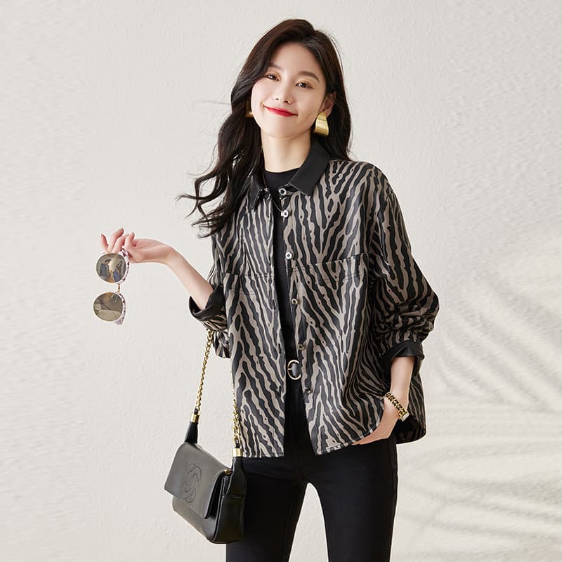 Haining Genuine Leather Jacket Women 2025 Trend New Print Sheepskin Short Blazer Coat Single Leather Fashion Versatile