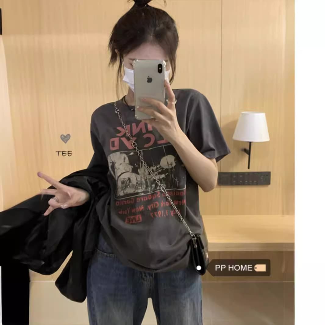 Fat mm Plus Size Short-sleeved T-shirt Summer Retro American Rock Print Loose Casual Round Neck 1.0-150kg Tops for Women