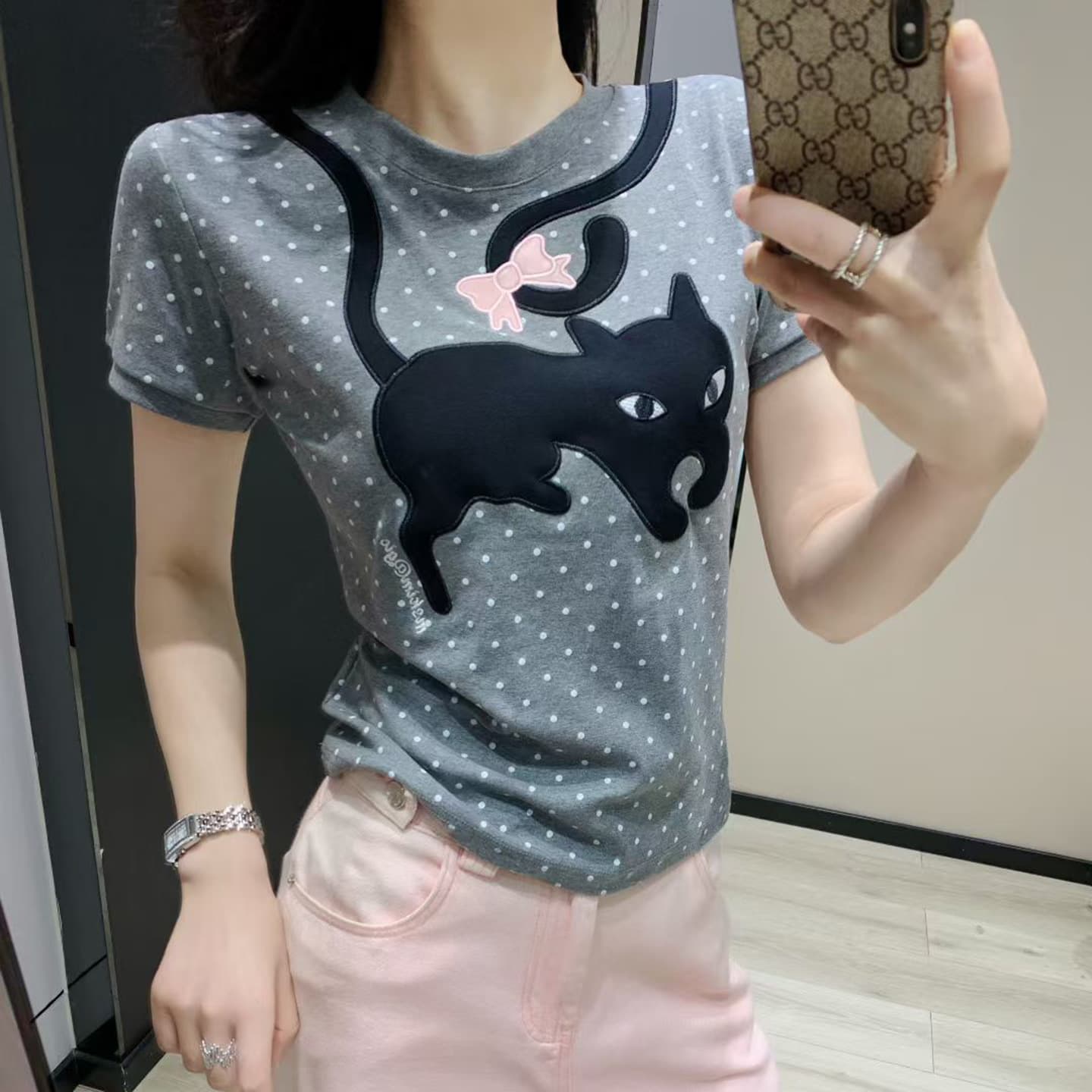 Gray Polka Dot Cat Short Sleeve T-Shirt for Women, Korean Cute and Lively Style, Age-Reducing Casual Everyday Versatile Top
